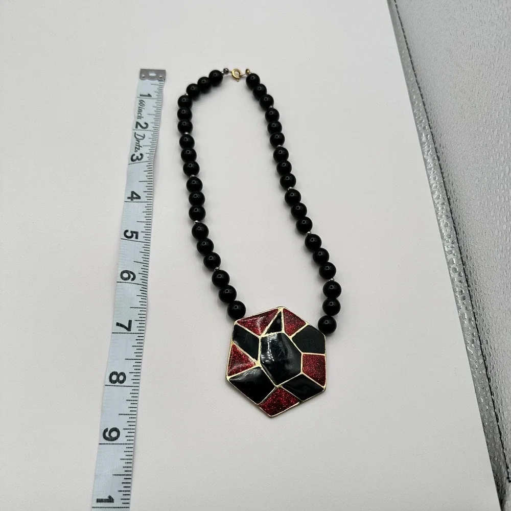 Vintage 80s‎ Hexagon Statement Necklace Black Red Glitter Enamel Fashion Jewelry